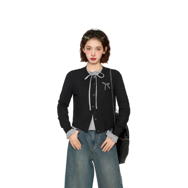 柏黛妃 蝴蝶结长袖短款通勤针织衫 女款 黑色