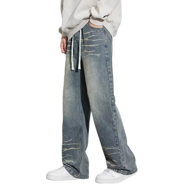 童先森 夏季薄款 复古美式高街牛仔裤 男款 蓝色