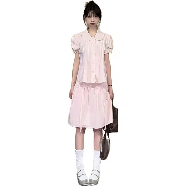 哒头下雨不愁 夏日多巴胺粉色甜美减龄娃娃领短袖衬衫衬衣搭配高腰半身裙女裙装套装 女款