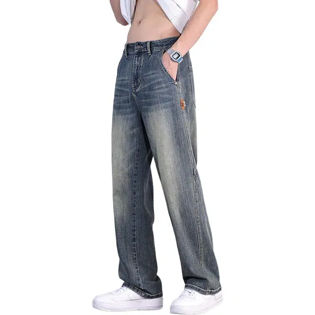 协协乐 夏季薄款美式复古拼接宽松直筒阔腿休闲长裤牛仔裤 男款