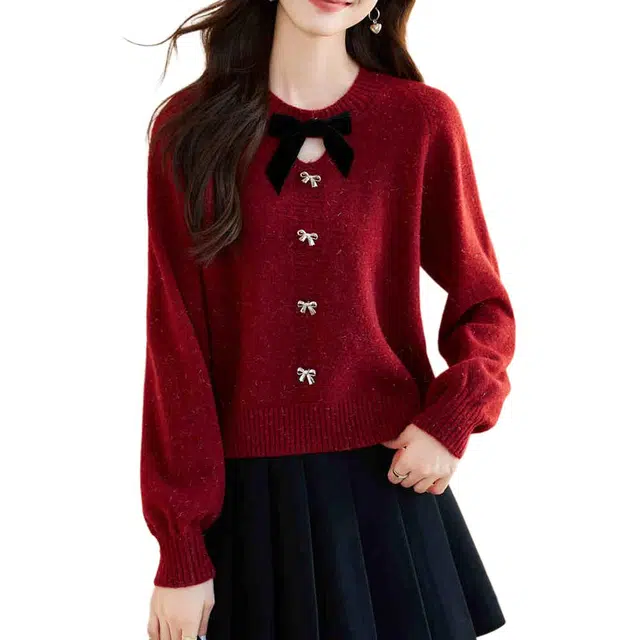 曲韩 拼色圆领短款针织衫 女款