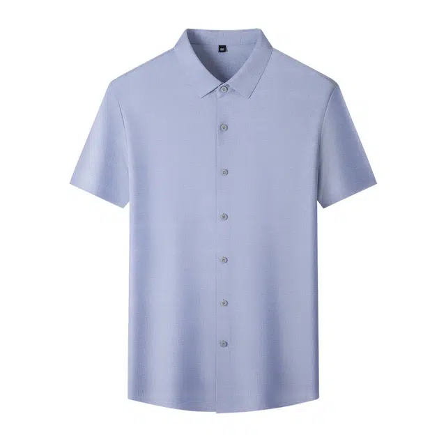 老爷车 夏季无痕垂感含桑蚕丝莫代尔纯色翻领短袖男士商务休闲透气上衣衬衫 男款