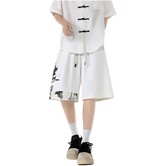 加荣 新中式薄款透气宽松垂感水墨竹子盘扣五分裤子休闲短裤 男女同款