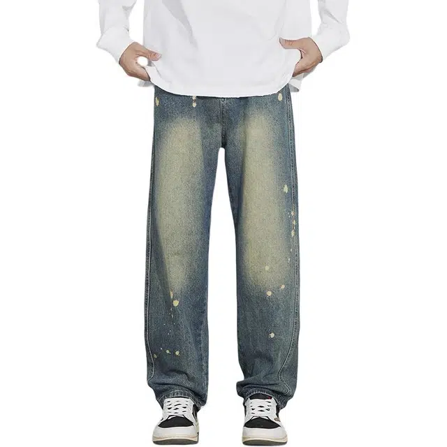 宝米卡 美式泼墨春夏街头复古宽松水洗做旧直筒拖地裤潮牛仔裤 男女同款