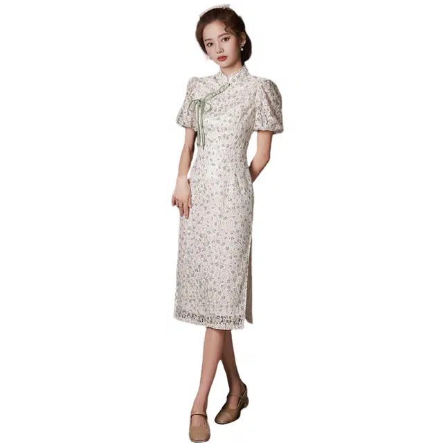 沐晓欣 甜美改良连衣裙小清新收腰文艺风氛围感短袖旗袍 女款