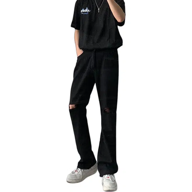 拓菲 美式高街轻奢破洞牛仔裤微喇裤脚毛边直筒显瘦显高修身痞帅裤子 男女同款