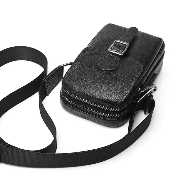 老人头 百搭日常通勤高级感轻便时尚 头层牛皮 斜挎包 男款 黑色