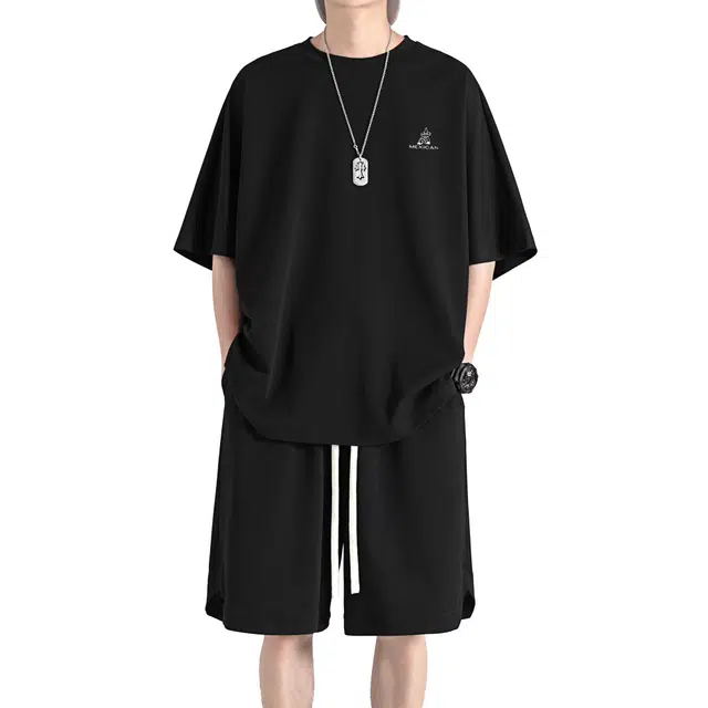 稻草人 纯色速干户外健身百搭短袖舒适宽松直筒透气五分短裤休闲运动套装 男女同款