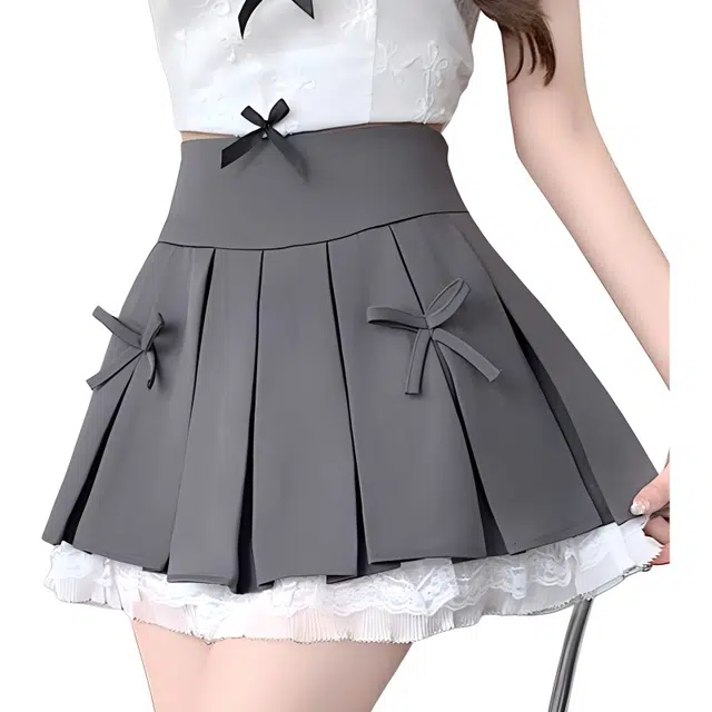 怪力萝莉 学院风百褶蕾丝蝴蝶结高腰拼接休闲短裙 女款