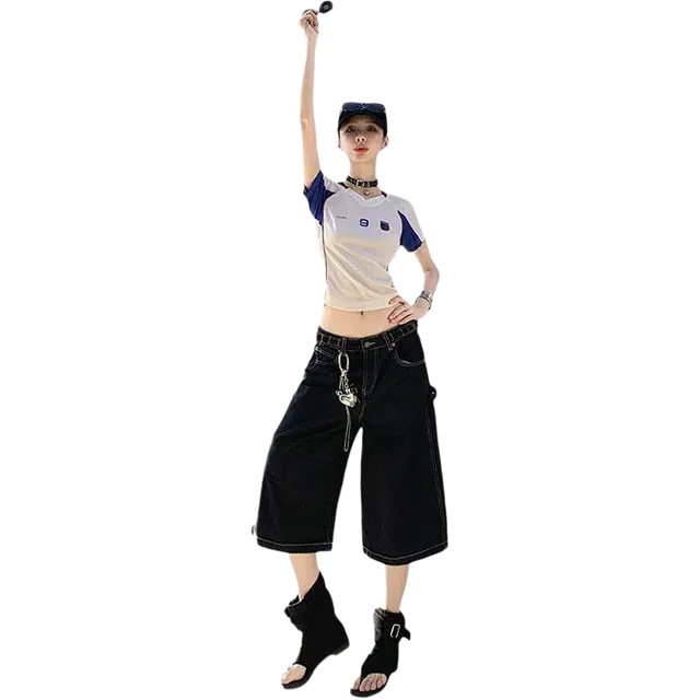 拾籍 学院风美式高街水洗做旧炸街七分裤直筒宽松阔腿裤时尚百搭休闲牛仔短裤 女款