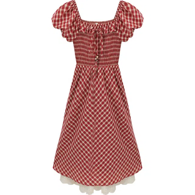 谜秀 红色格子复古高级感短袖韩版无袖连衣裙 女款