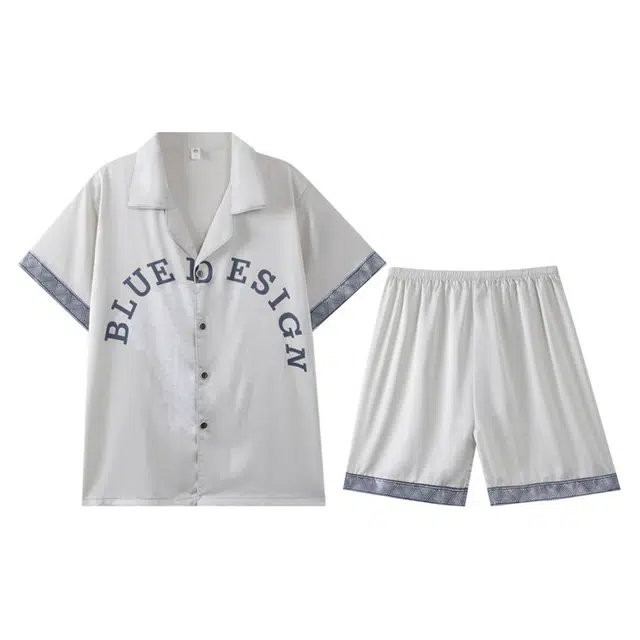 向薇 冰丝夏季薄款短袖短裤翻领开衫青年可外穿家居服 睡衣套装 男款