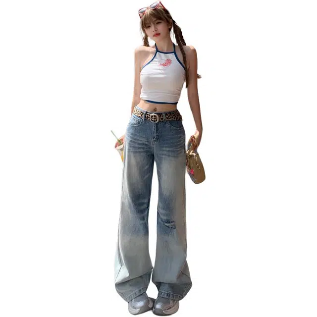 拾籍 时尚百搭高腰设计宽松破洞阔腿剪裁显瘦牛仔裤 女款