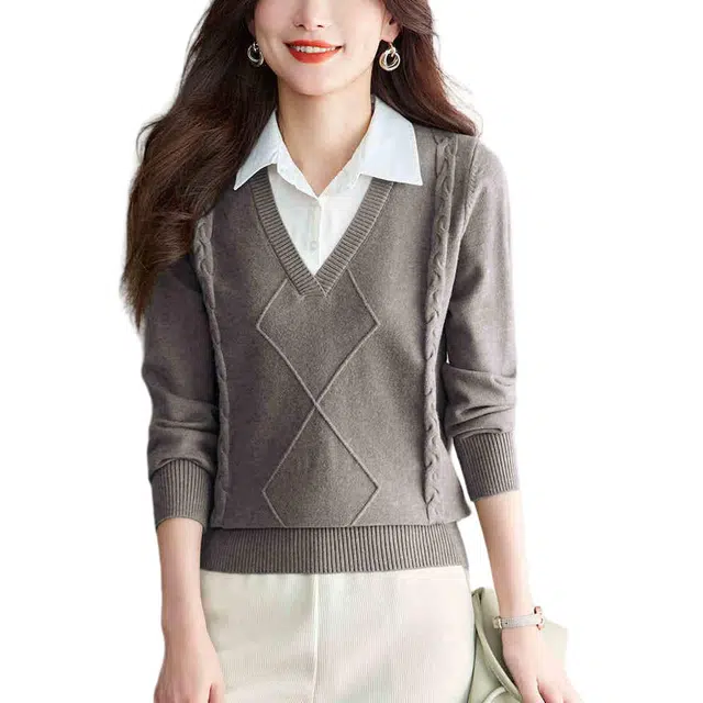 曲韩 翻领套头简约长袖针织衫 女款