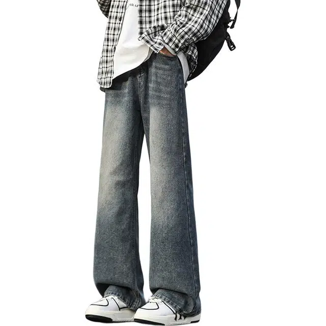 顶峰保罗 美式高街撞色直筒阔腿水洗做旧潮牌复古宽松高级感透气百搭休闲长裤牛仔裤 男女同款