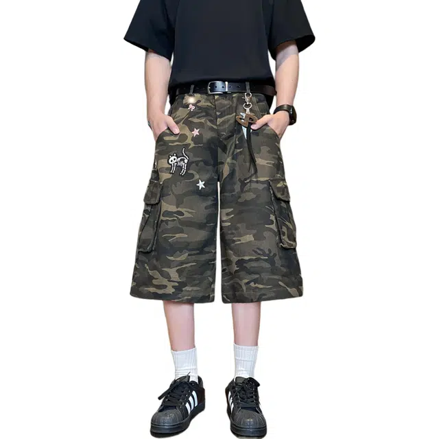 加荣 美式高街多口袋迷彩七分裤裤男夏季轻薄透气潮牌青少年日常出行百搭男裤宽松休闲小众设计直筒阔腿外穿牛仔短裤 男女同款