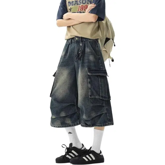 一碗士多 美式高街复古多口袋褶皱宽松阔腿七分裤潮流设计短裤 男女同款