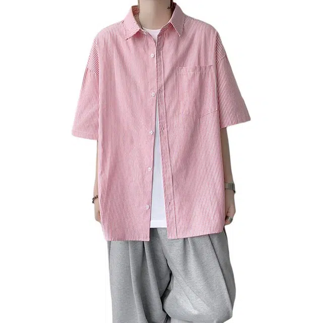 佐菲利 港风宽松条纹中袖外套透气短袖衬衫 男女同款