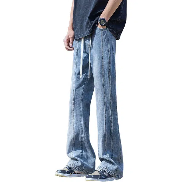 么宁 美式高街复古水洗拼接喇叭裤松紧腰舒适透气耐穿耐磨个性痞帅休闲运动阔腿牛仔裤 男女同款