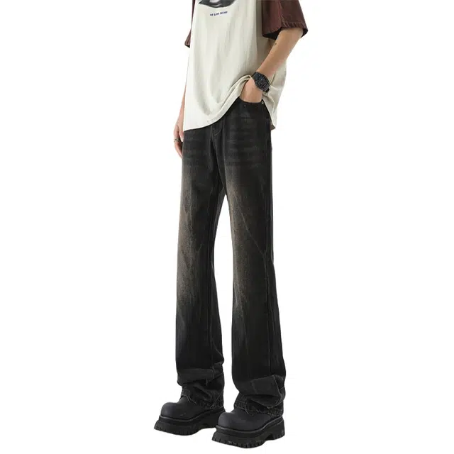 木林森 复古重水洗猫须闪电纹美式高街风百搭微喇牛仔裤 男女同款