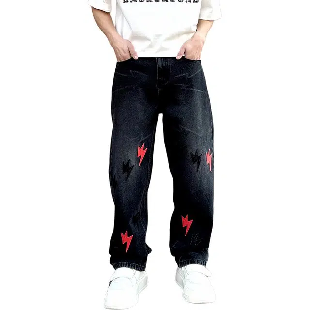 宝米卡 闪电直筒水洗做旧复古百搭时尚牛仔裤 男女同款 黑色