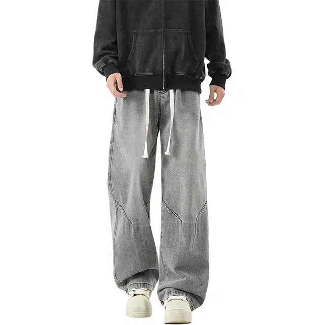 宝米卡 美式垂感宽松复古直筒潮牌长裤牛仔裤 男女同款