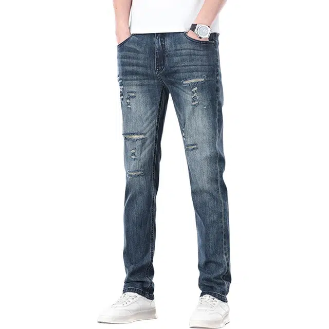 炳盛 高端破洞夏季修身潮牌休闲小脚长裤牛仔裤 男款