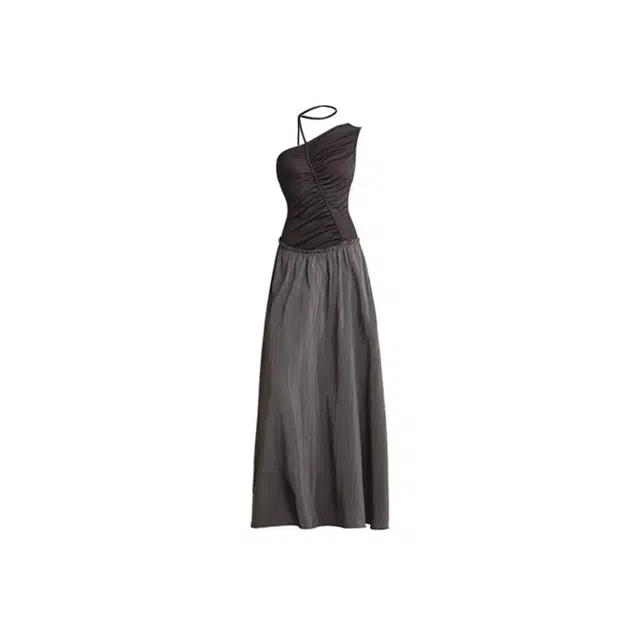 敲模女孩 法式纯欲风不规则斜肩拼接撞色收褶设计感无袖连衣裙 女款