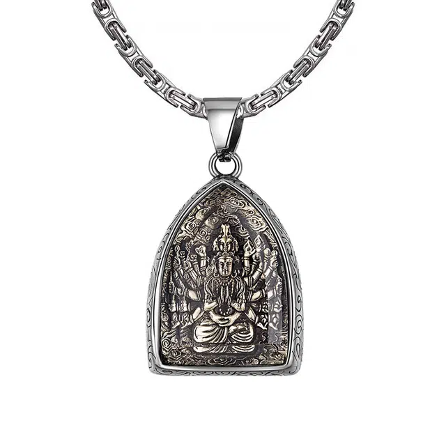 克兰茜 十二生肖本命年守护佛吊坠 新中式国潮转运招财大气 设计感毛衣链 钛钢 黄铜 亚克力 项链 男女同款情侣款 金色 银色