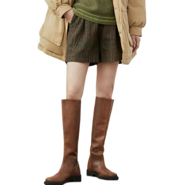 茵曼 高腰复古格子休闲短裤 女款 绿咖格