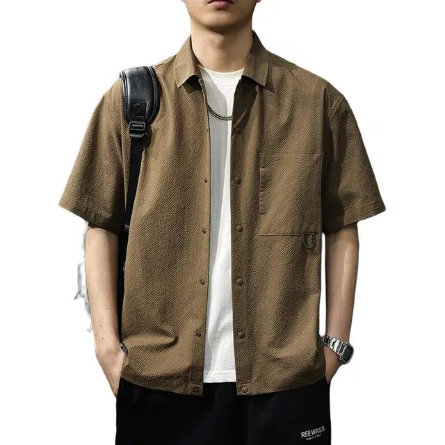 前进牛 休闲日系简约薄款凉感速干休闲工装衬衣短袖衬衫 男女同款