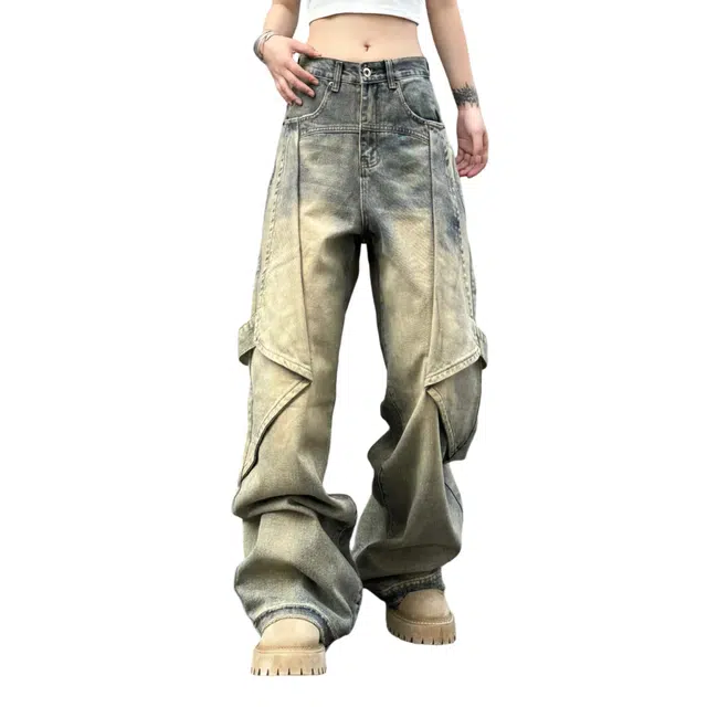 冈哉 美式复古解构拼接渐变水洗做旧设计宽松舒适简约个性日常休闲百搭直筒牛仔裤 男女同款