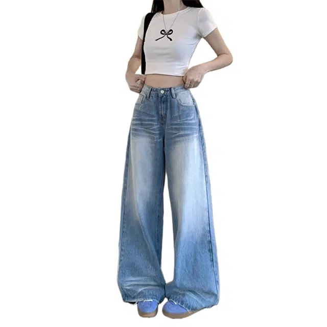 北极绒 复古做旧水洗休闲裤阔腿裤高腰宽松拖地裤长裤牛仔裤 女款