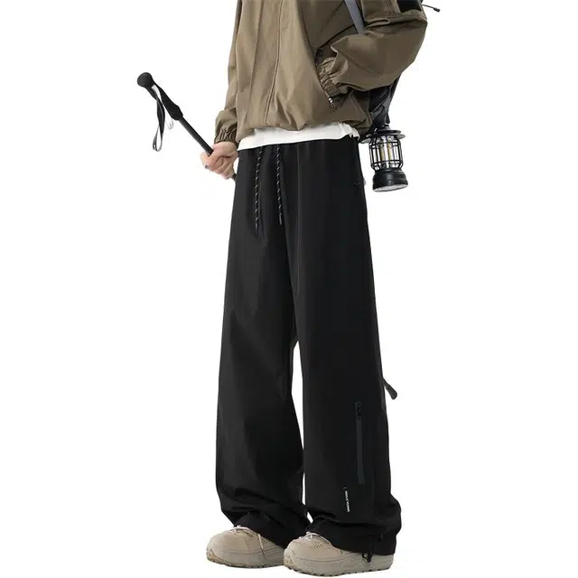 顶峰保罗 凉感透气美式高街伞兵直筒长裤户外工装机能运动潮牌防风设计感宽松阔腿休闲裤 男女同款