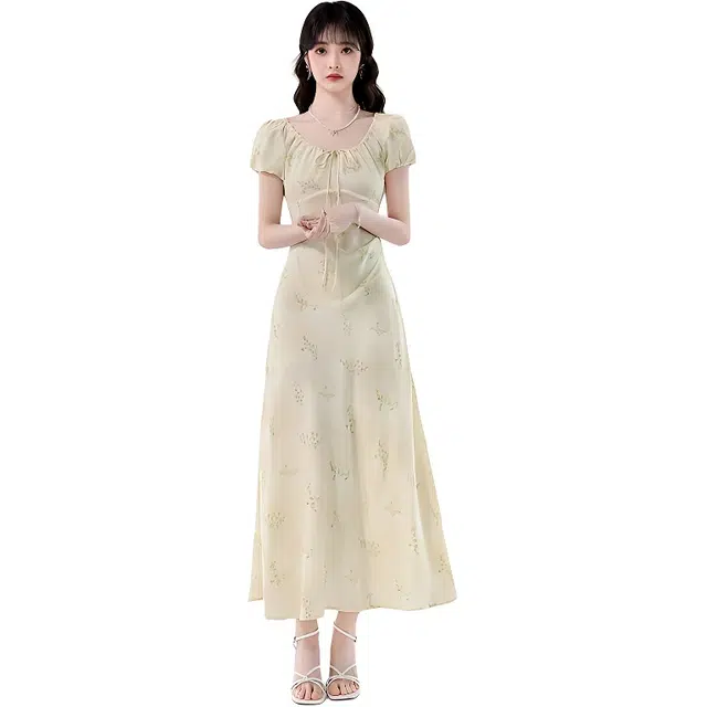 水中花 高级感碎花收腰显瘦气质长裙短袖连衣裙 女款