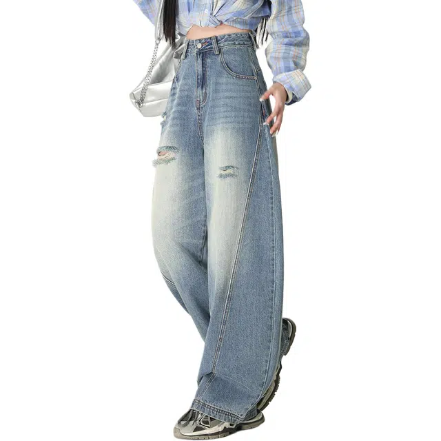 黑恐龙 美式高街破洞个性弯刀宽松垂感休闲水洗复古时尚牛仔裤 男女同款