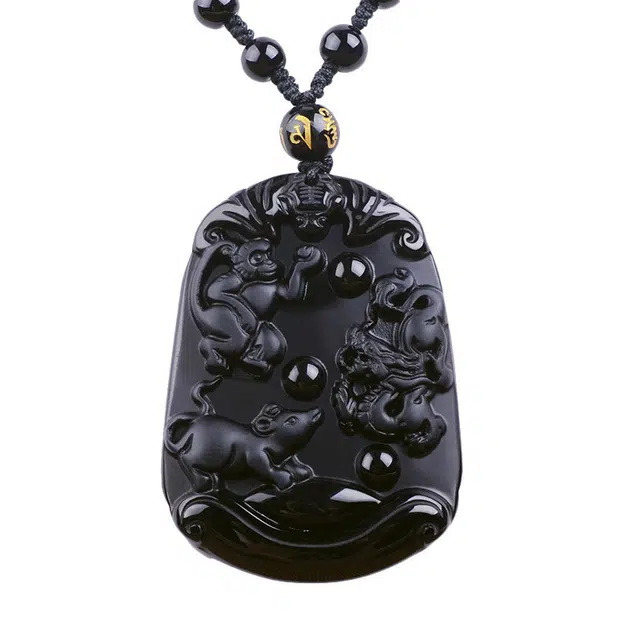 陌阡雪 【财源广进】国潮蛇年三合十二生肖复古#好运 黑曜石 项链 男女同款情侣款