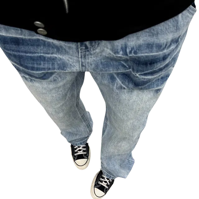 冈哉 高街潮流复古潮牌小众猫爪痕闪电纹设计个性水洗做旧弯刀百搭痞帅垂感宽松直筒日常通勤休闲牛仔裤 男女同款