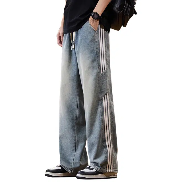 协协乐 美式条纹潮牌宽松直筒高街弯刀长裤牛仔裤 男款 复古蓝