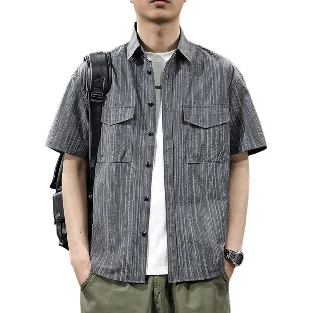 前进牛 夏季肌理感暗纹提花宽松速干户外休闲五分袖短袖衬衫 男女同款