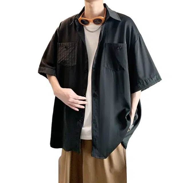 佐菲利 夏季拼接条纹冰丝衬衣潮流宽松设计感少年感休闲翻领上衣服短袖衬衫 男款