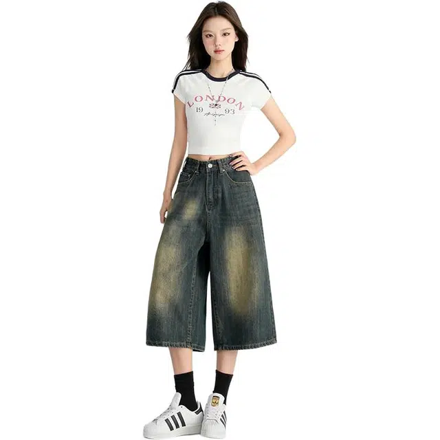 么宁 阔腿合身适中高腰七分牛仔短裤 女款