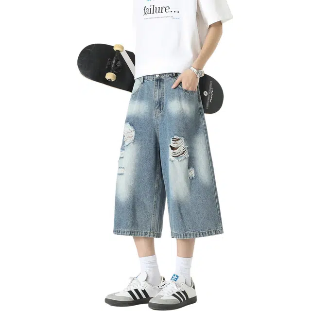 敦煌博物馆 美式复古渐变七分裤宽松直筒阔腿薄款亲肤透气舒适百搭牛仔短裤 男女同款