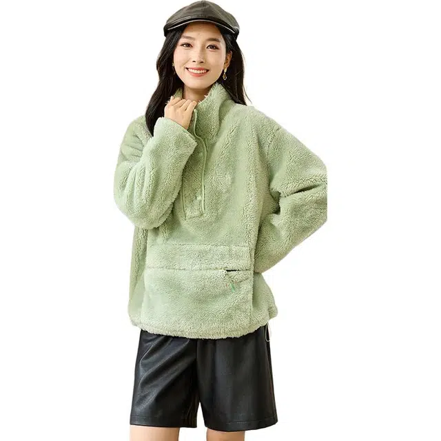 欧昵雪 长袖半高领时尚宽松休闲加绒卫衣 女款 绿色