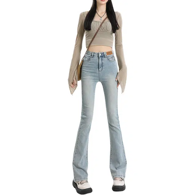 惟熙 修身马蹄裤微喇高腰显瘦显高喇叭裤牛仔裤 女款 浅蓝色