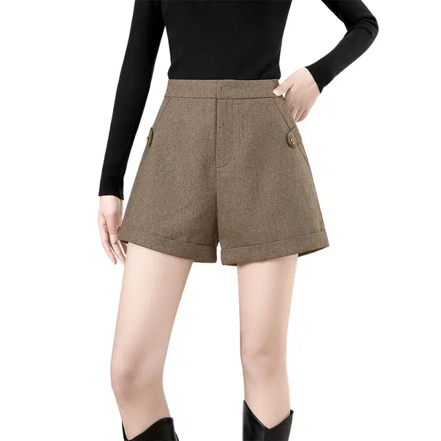 她池 简约高腰宽松纯色舒适休闲短裤 女款 咖色人字纹