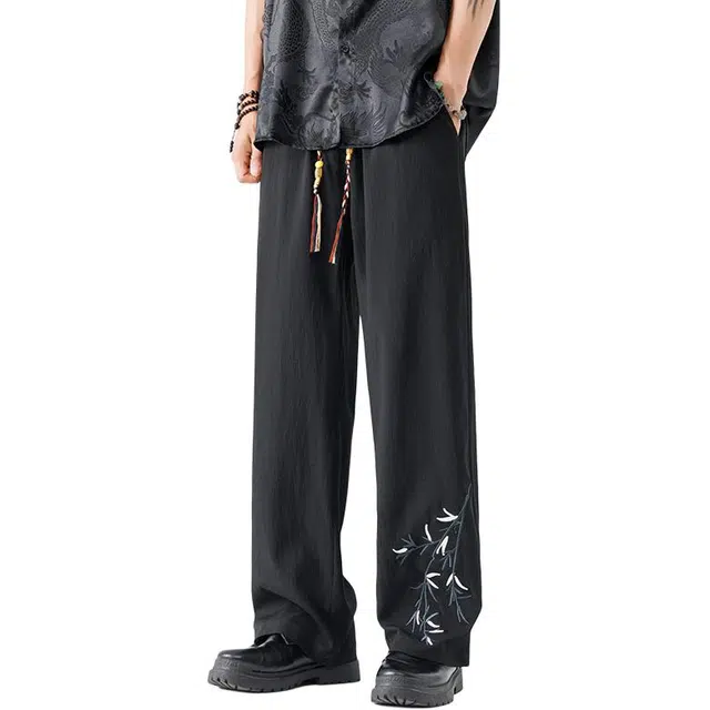 么宁 国风刺绣简约百搭拖地裤宽松直筒舒适透气潮流时尚个性痞帅休闲裤 男女同款