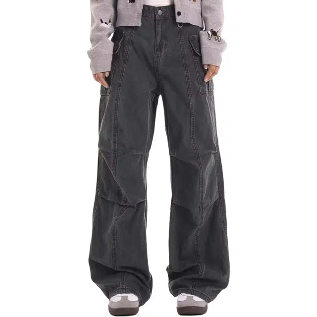 极限涡轮 美式复古微喇做旧褶皱宽松直筒高级休闲长裤工装裤 男女同款