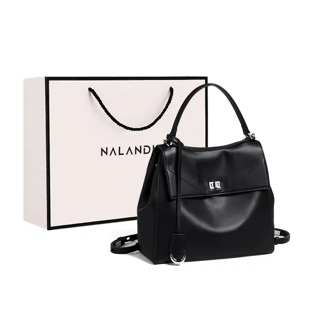 纳兰杜 高级感休闲通勤百搭简约慵懒松弛感 牛皮拼合成革 单肩手提包 中号 女款 绅士黑/米白色/大象灰