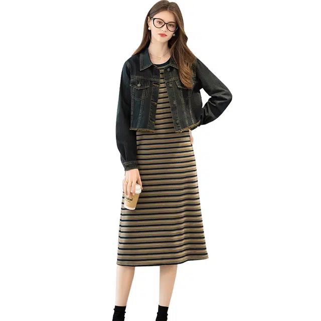 她池 休闲水洗牛仔外套搭中长裙两件套裙装套装 女款